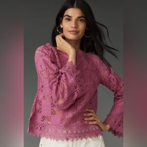 Long-Sleeved Lace Patches Blouse by Anthropologie